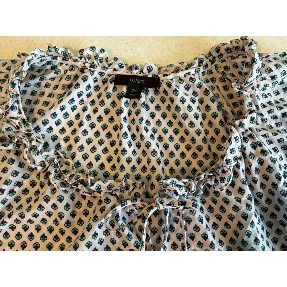 Sz 2X J.Crew 100% Lightweight Cotton Ruffle Neck Tie Blouse Work Career Church